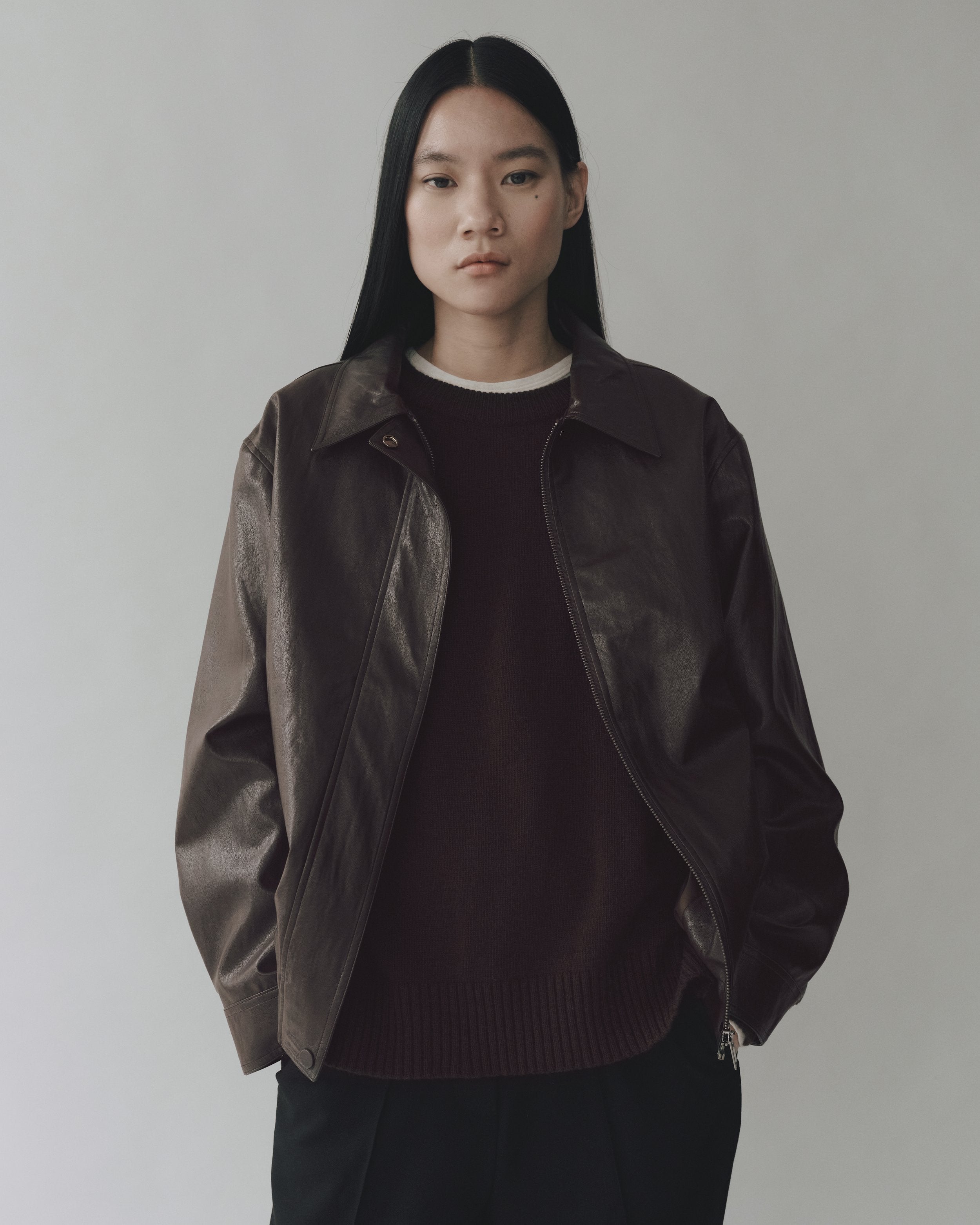 vegan leather blouson jacket | brown