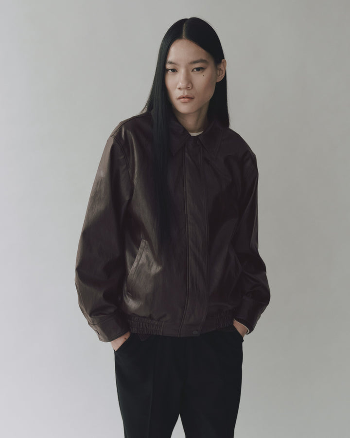 vegan leather blouson jacket | brown