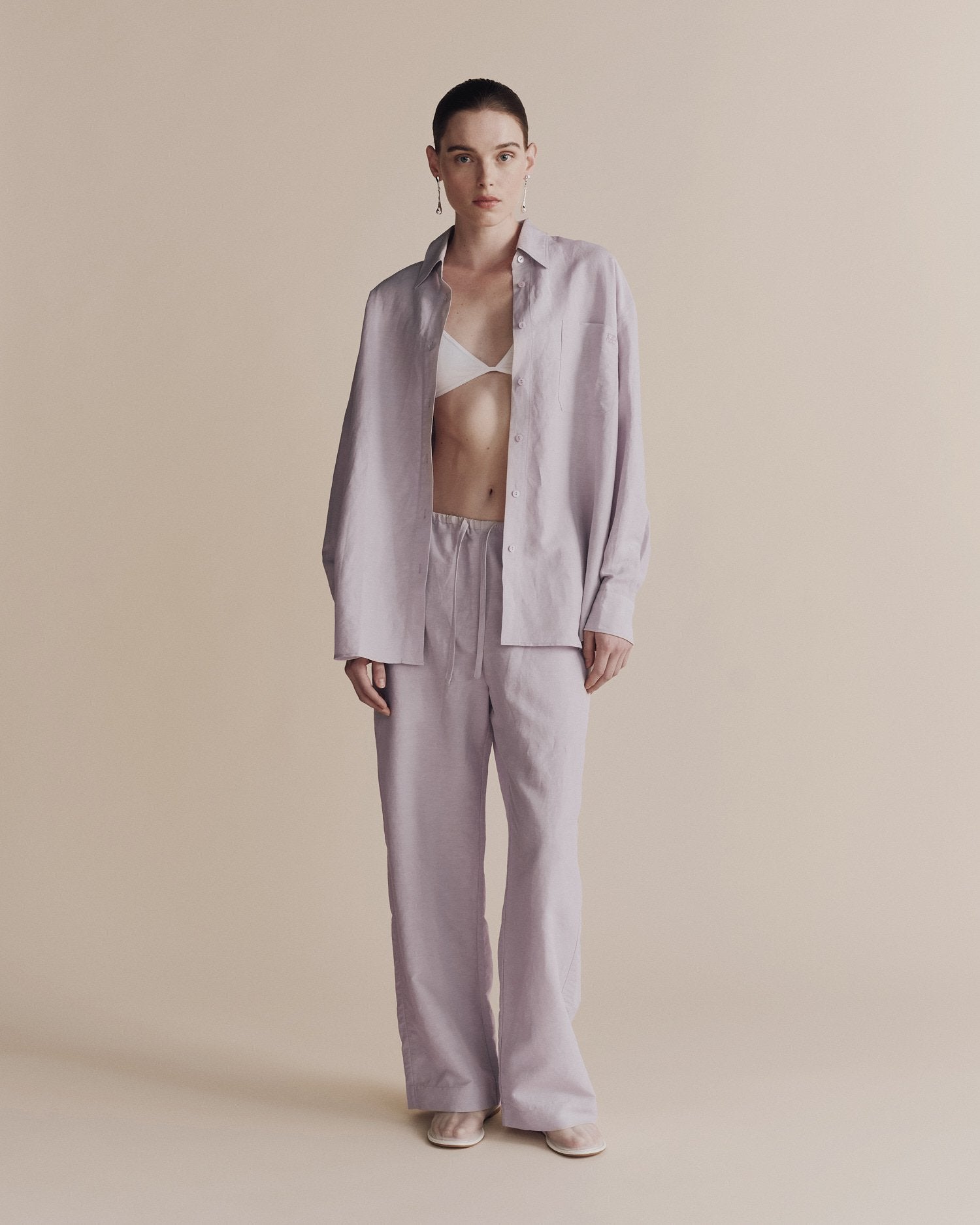 silk linen drawstring pants | lilac