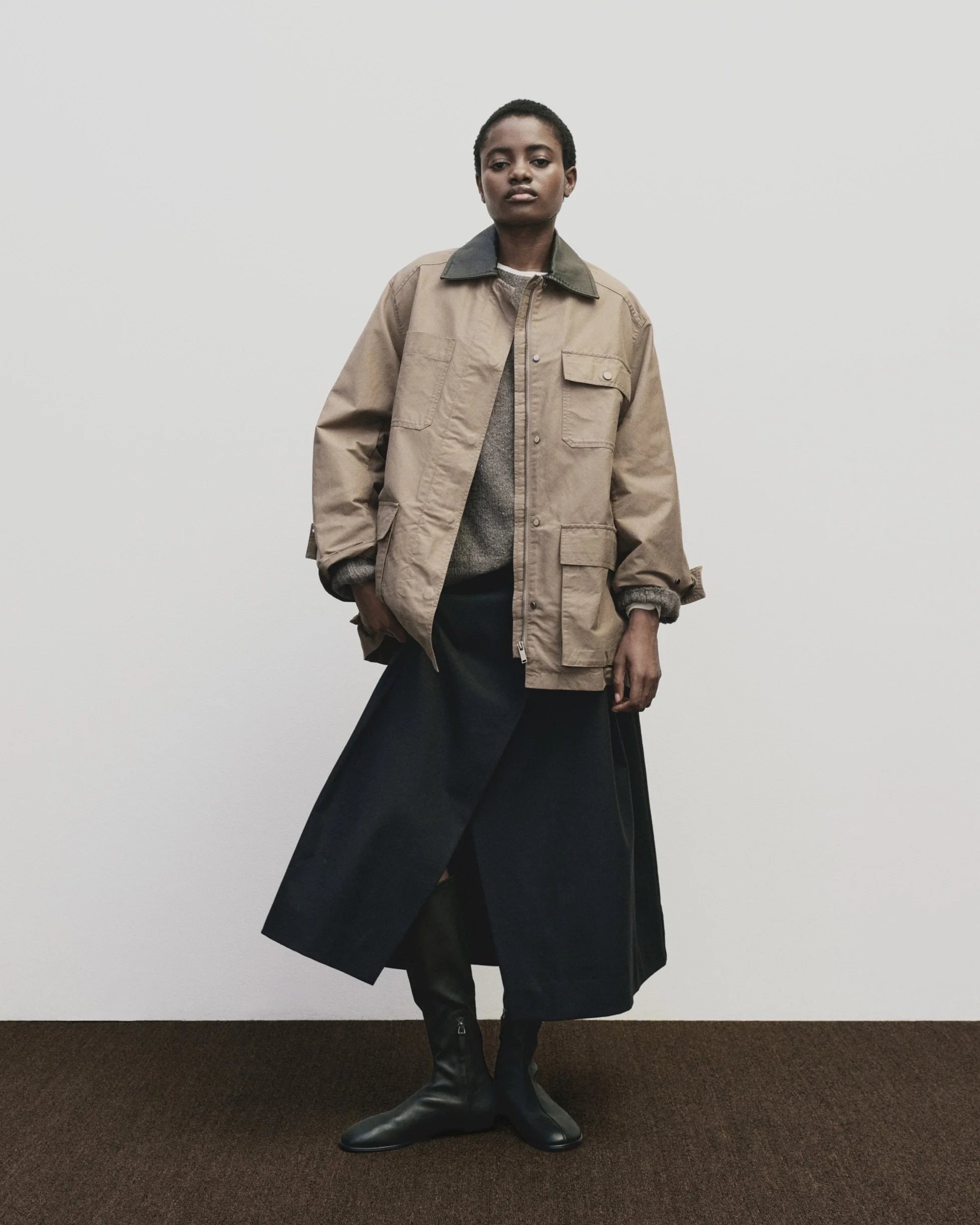 contrast collar work jacket | dark beige