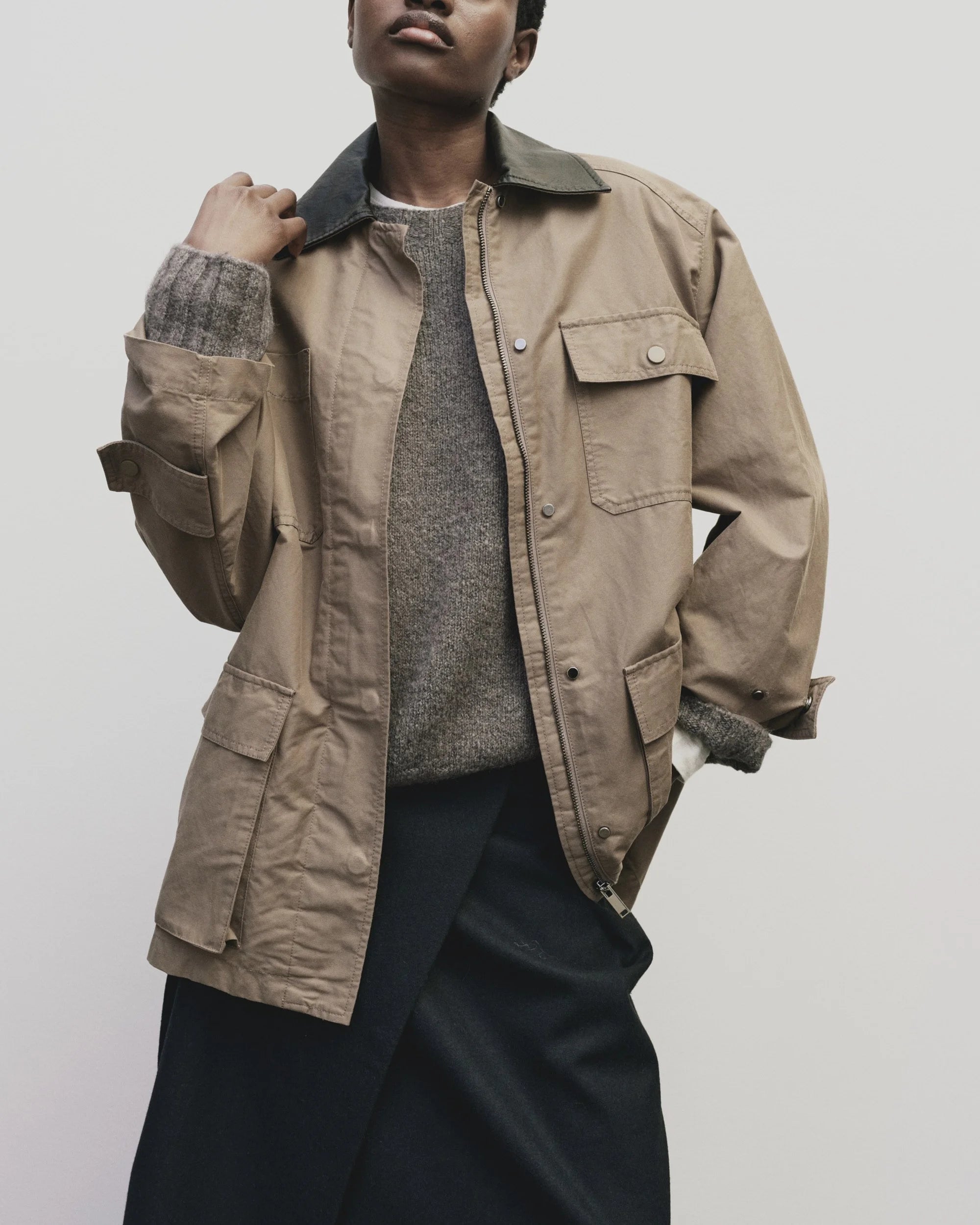 contrast collar work jacket | dark beige