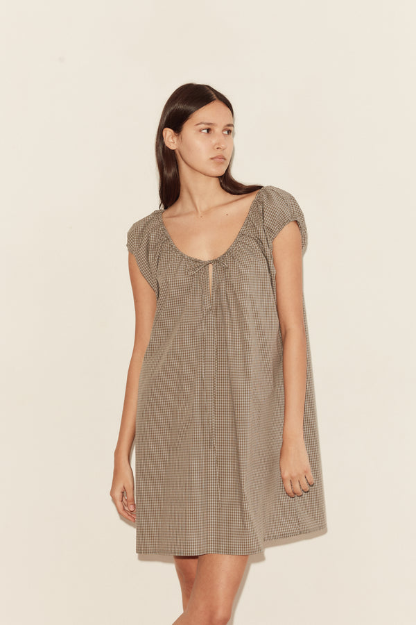 capped sleeve dress | khaki check