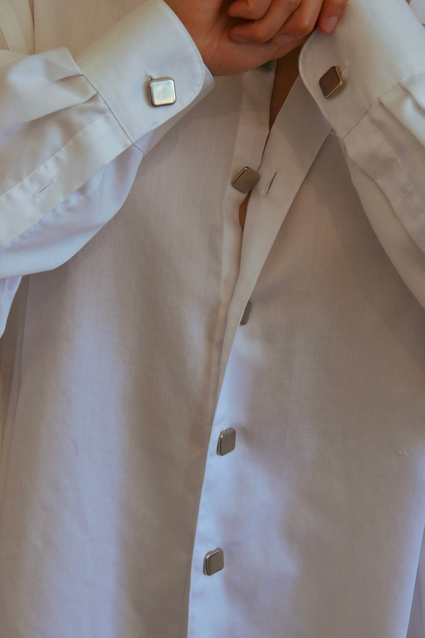white button up with vintage square buttons