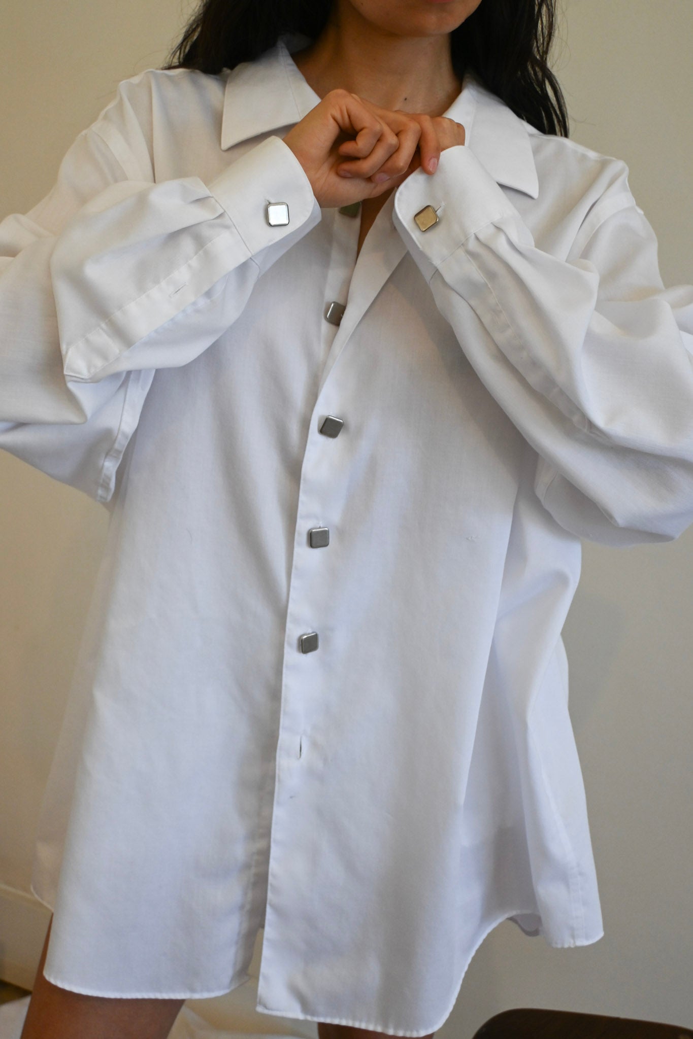 white button up with vintage square buttons