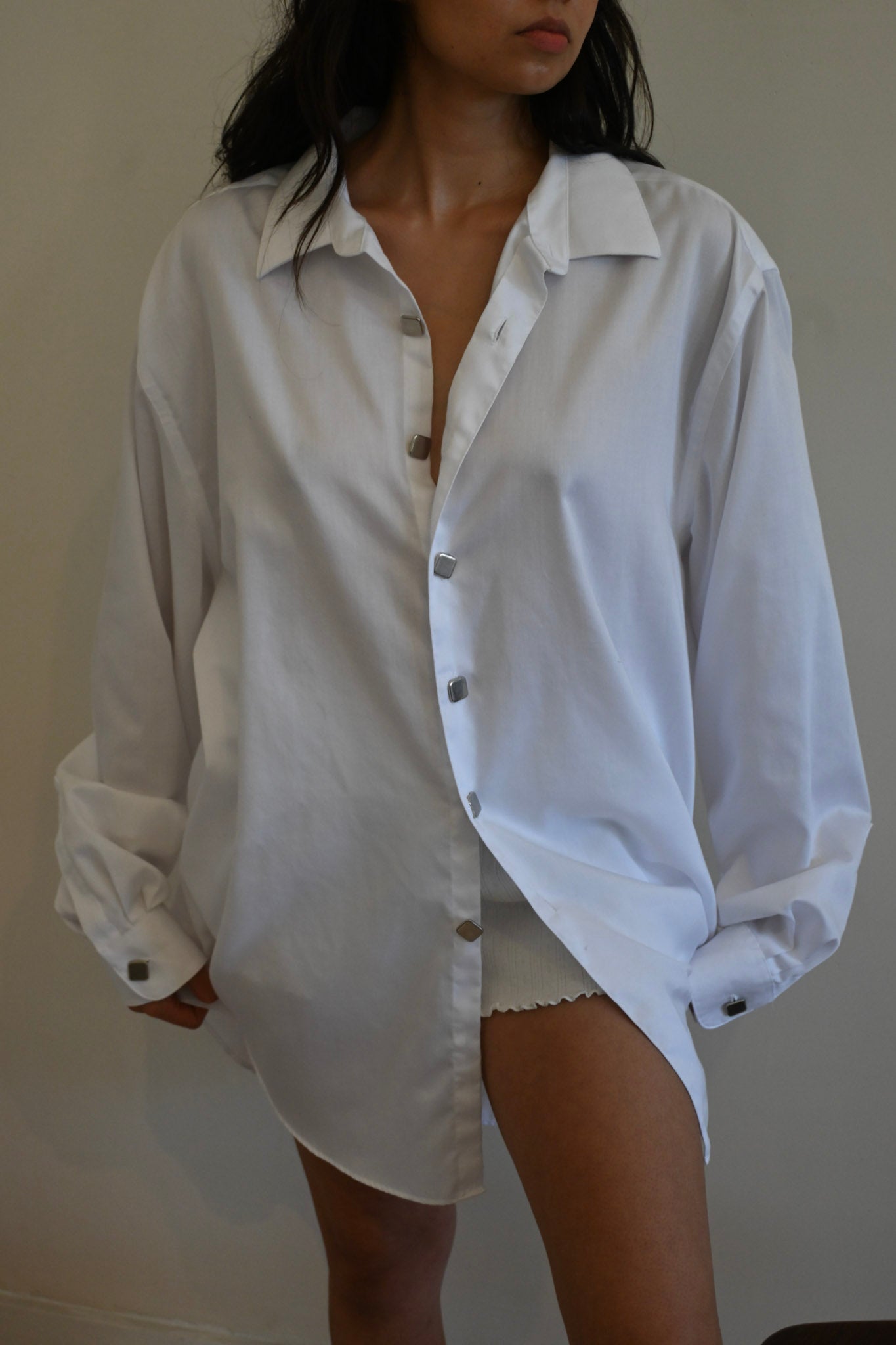 white button up with vintage square buttons