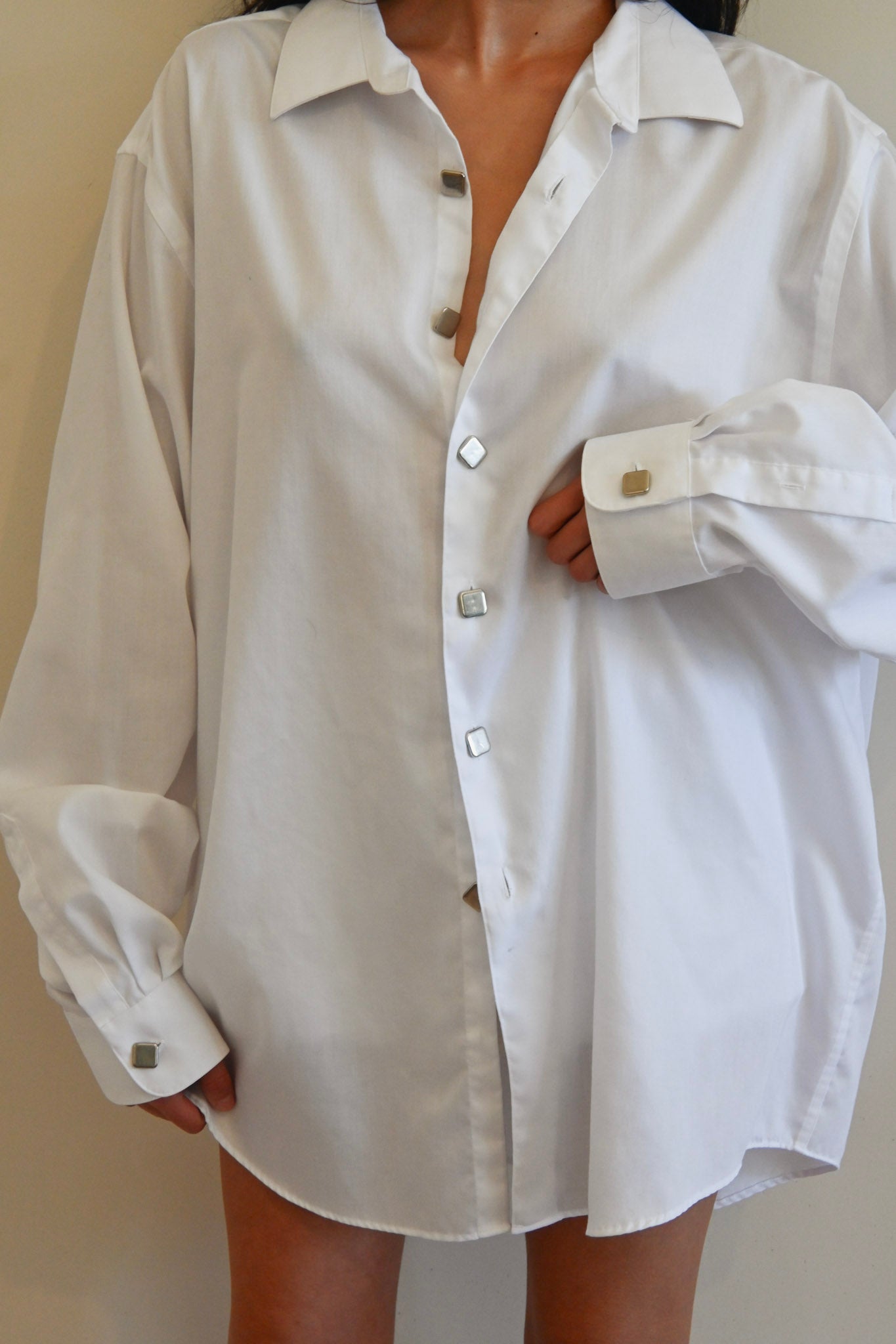 white button up with vintage square buttons