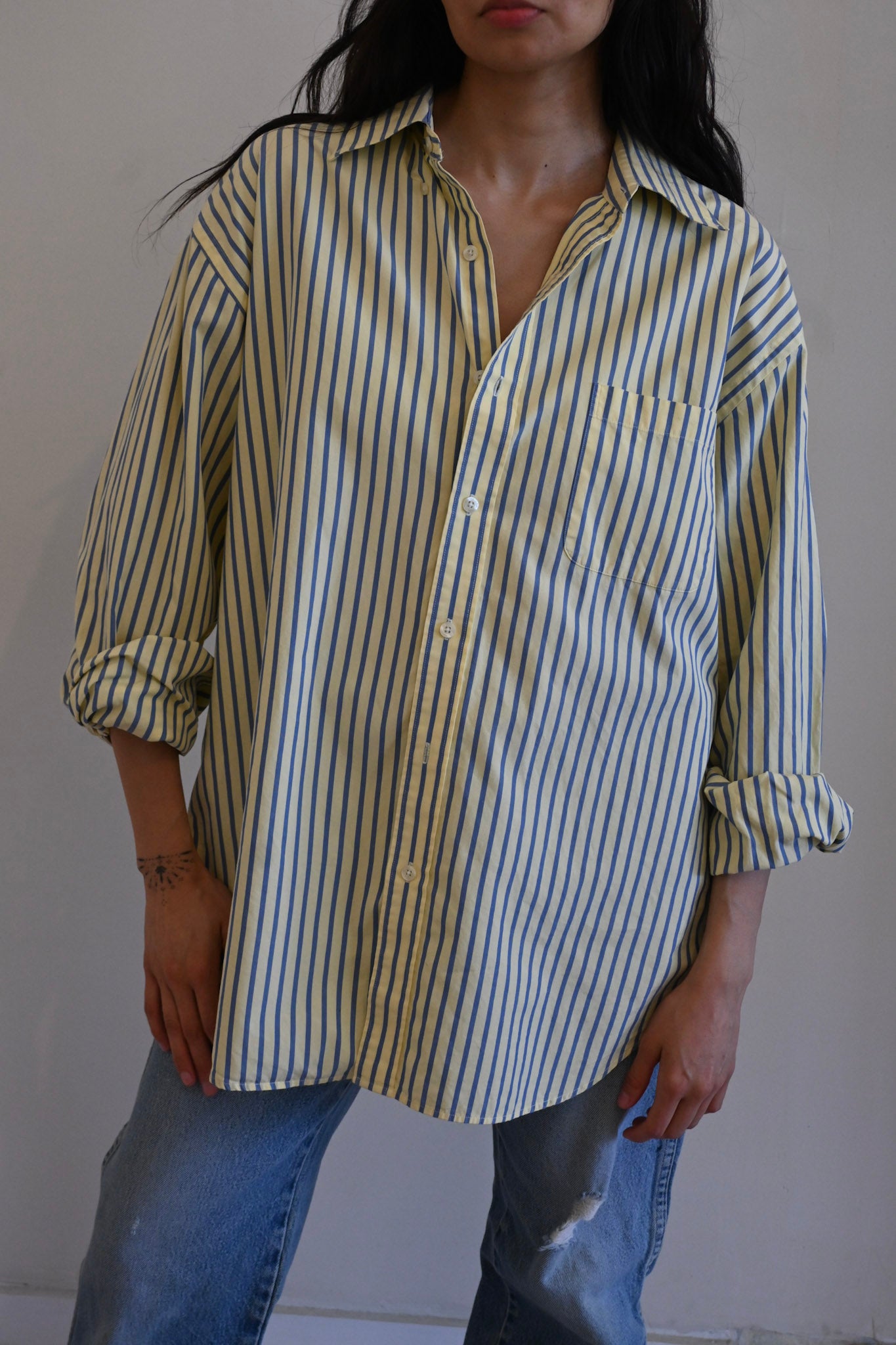 yellow & blue striped button up