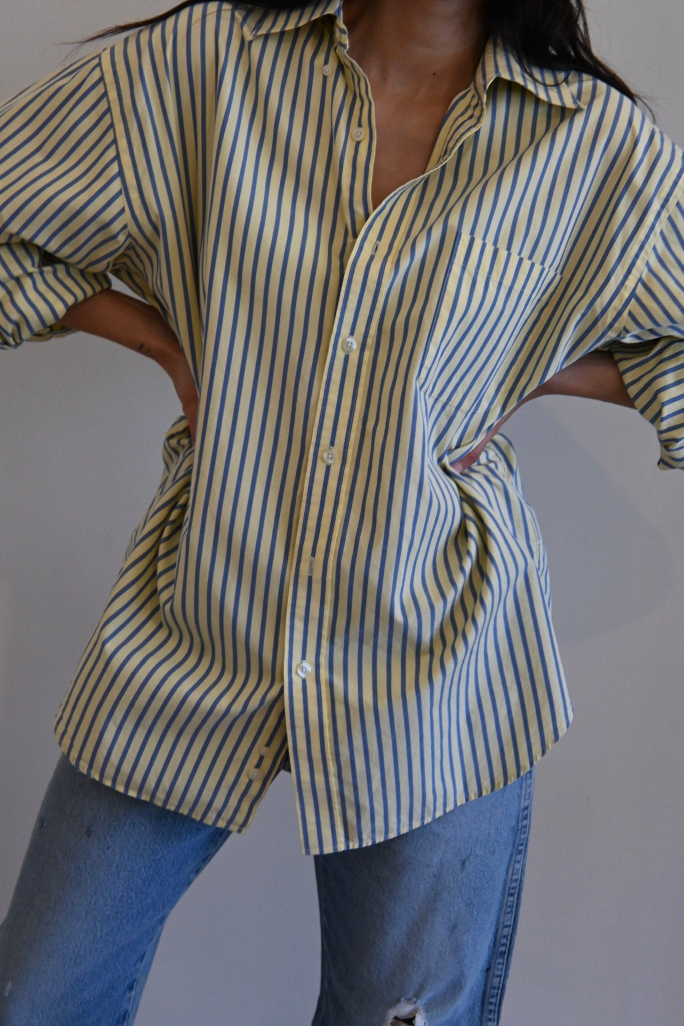 yellow & blue striped button up