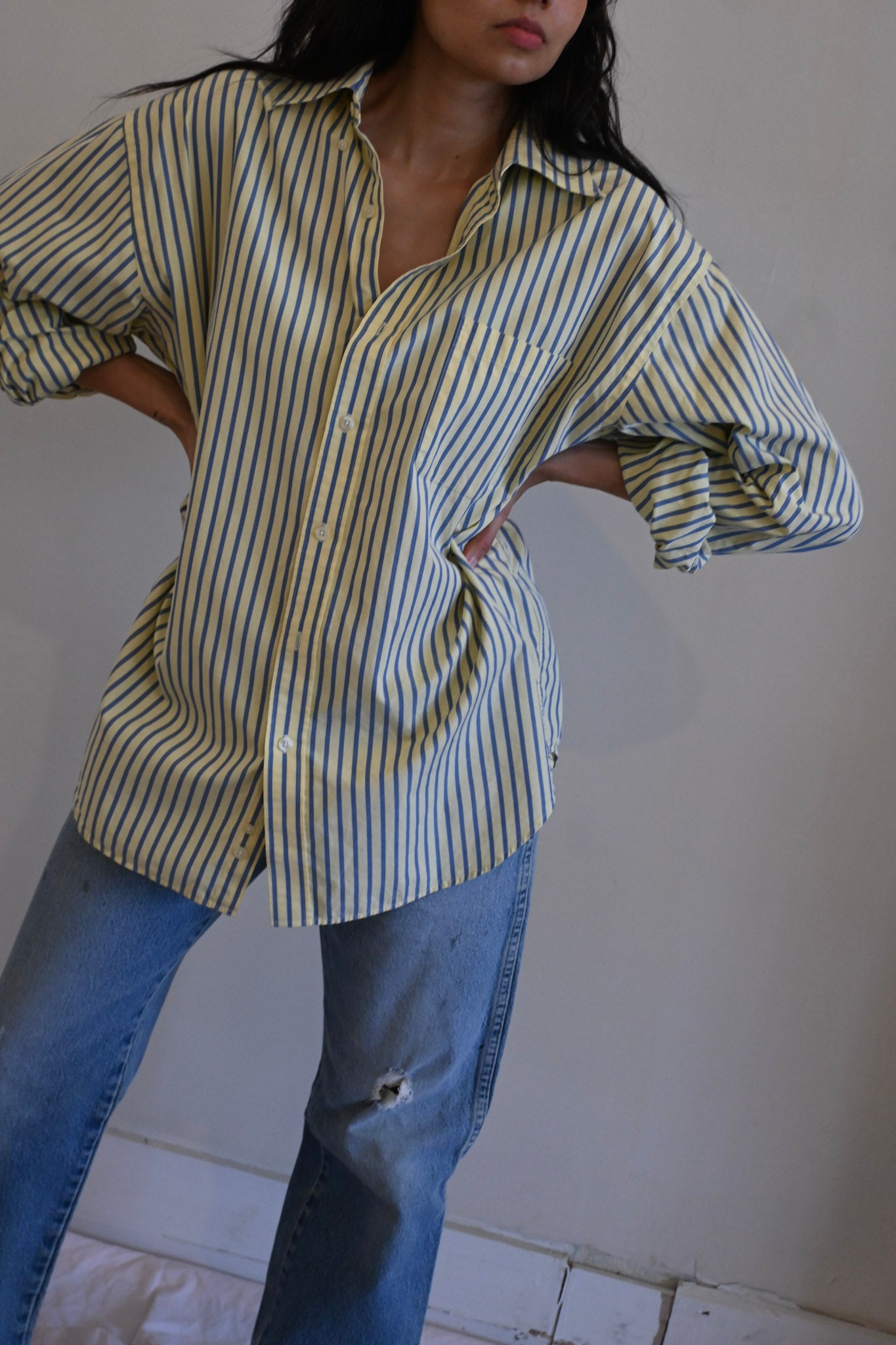 yellow & blue striped button up