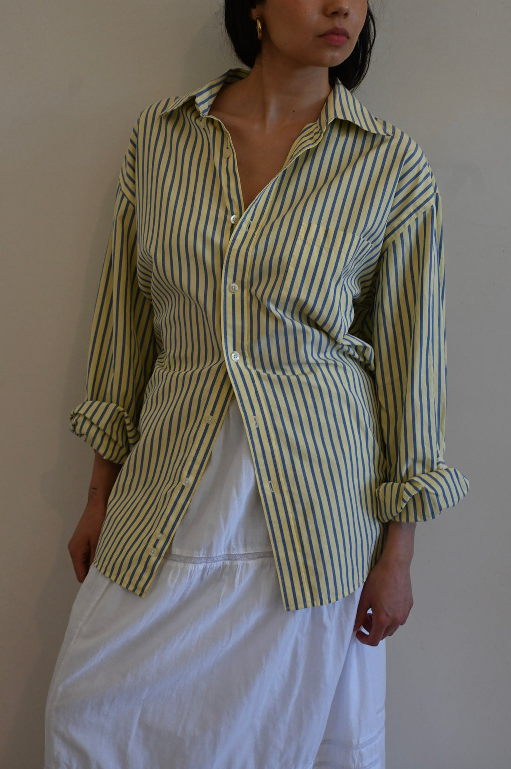 yellow & blue striped button up