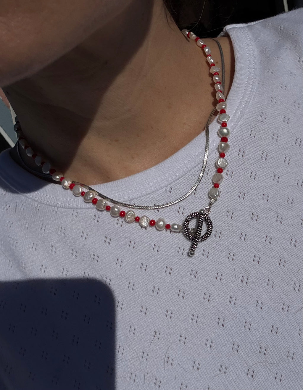 pearl & red necklace