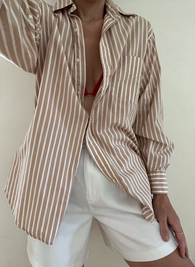 tan striped button up