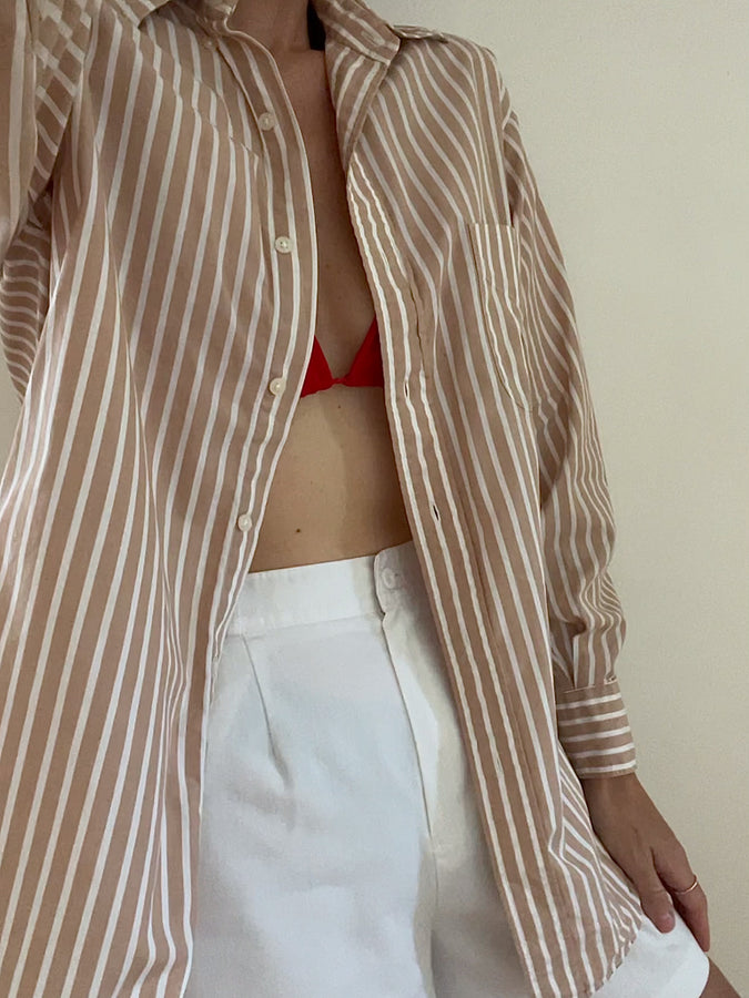 tan striped button up