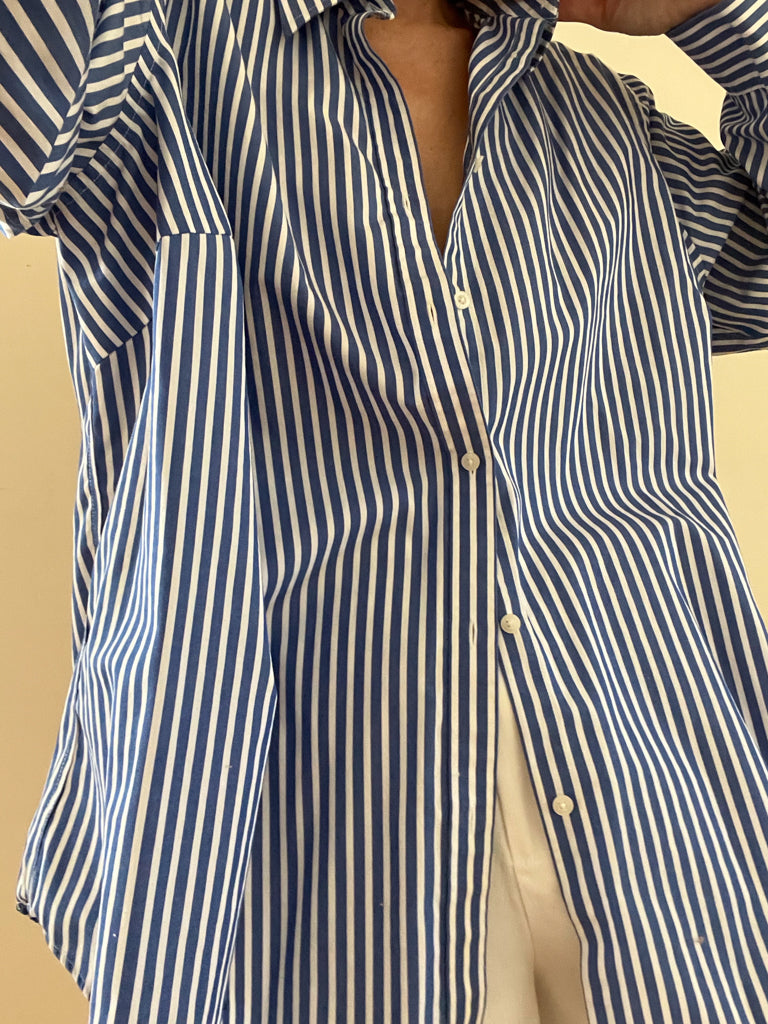 dark blue striped button up