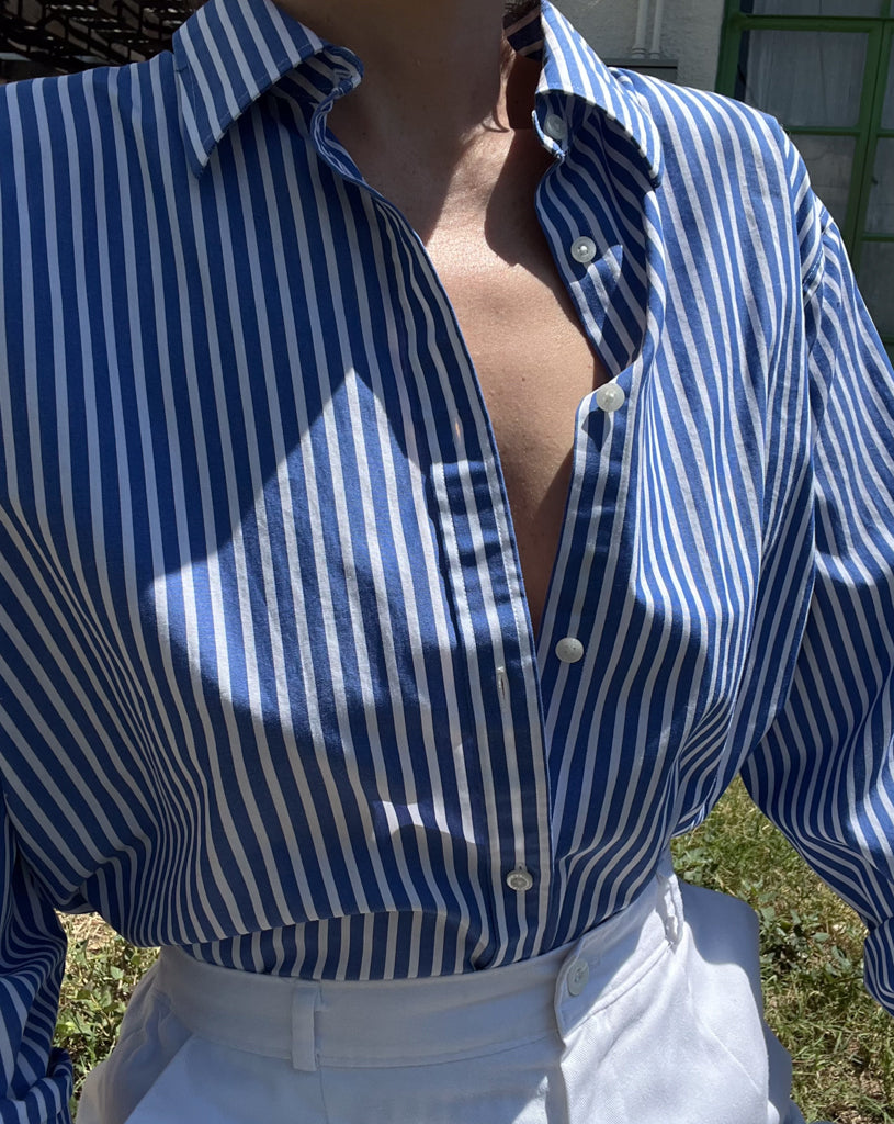 dark blue striped button up