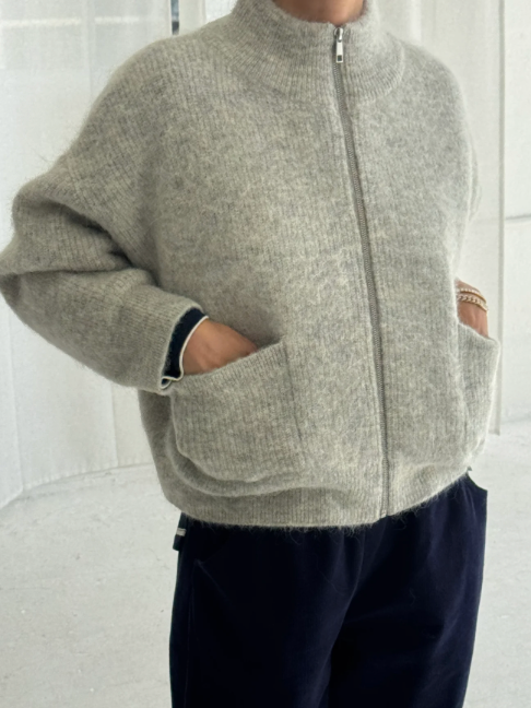 alpaca zip front sweater | light grey