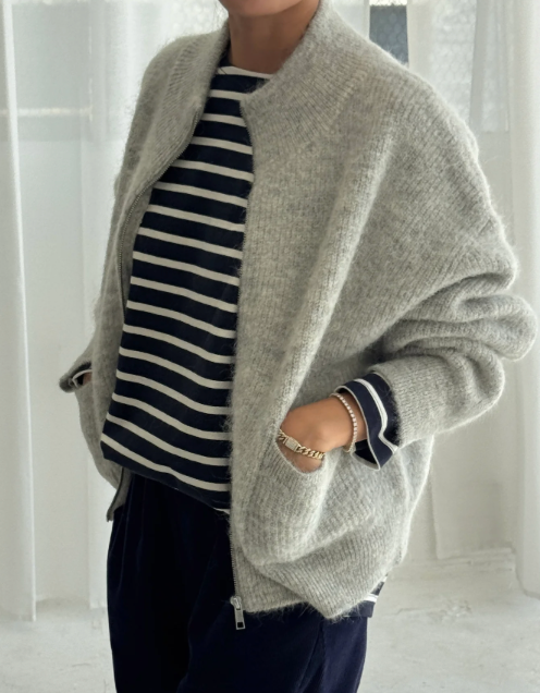 alpaca zip front sweater | light grey