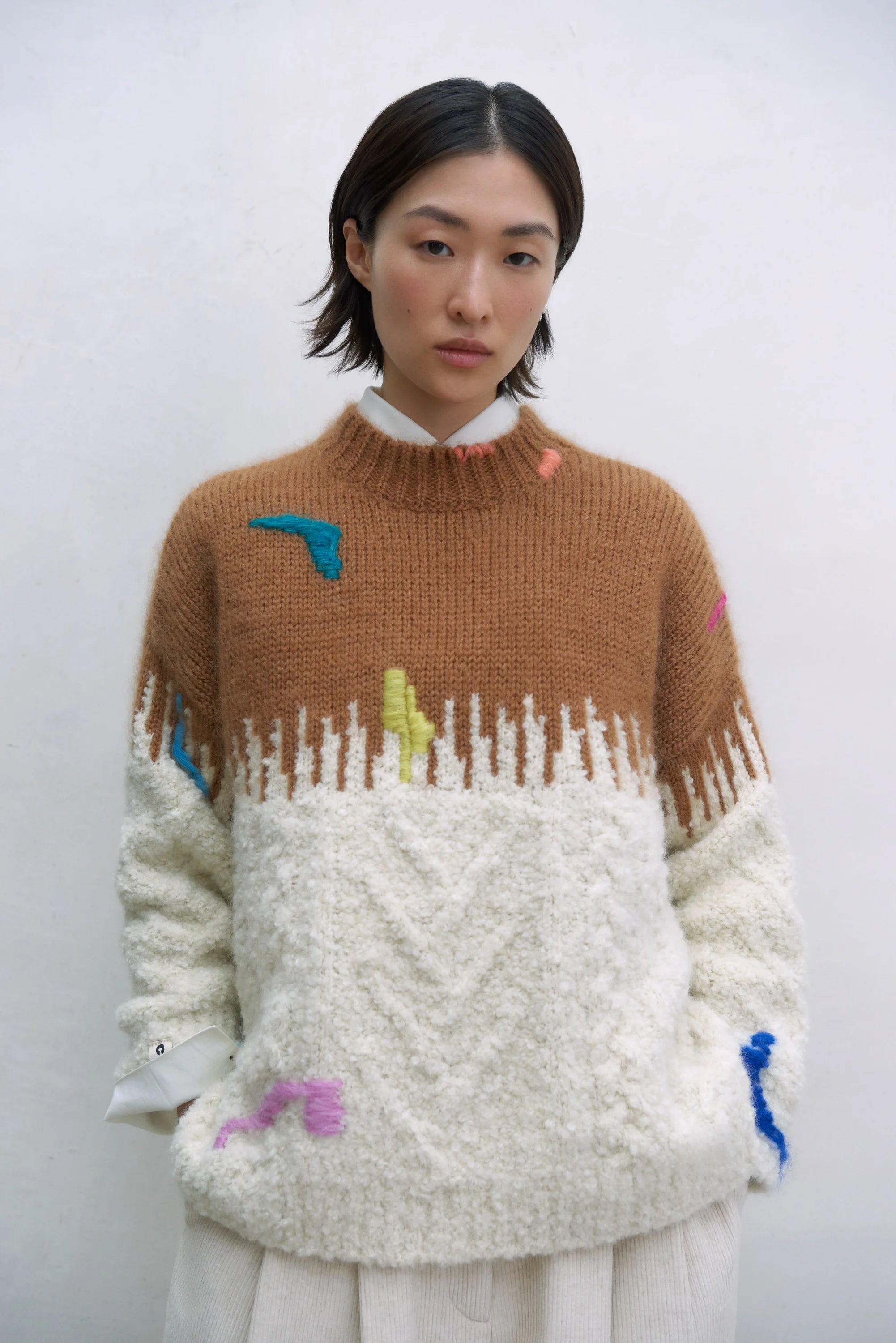 mohair embroidered sweater | cream and camel