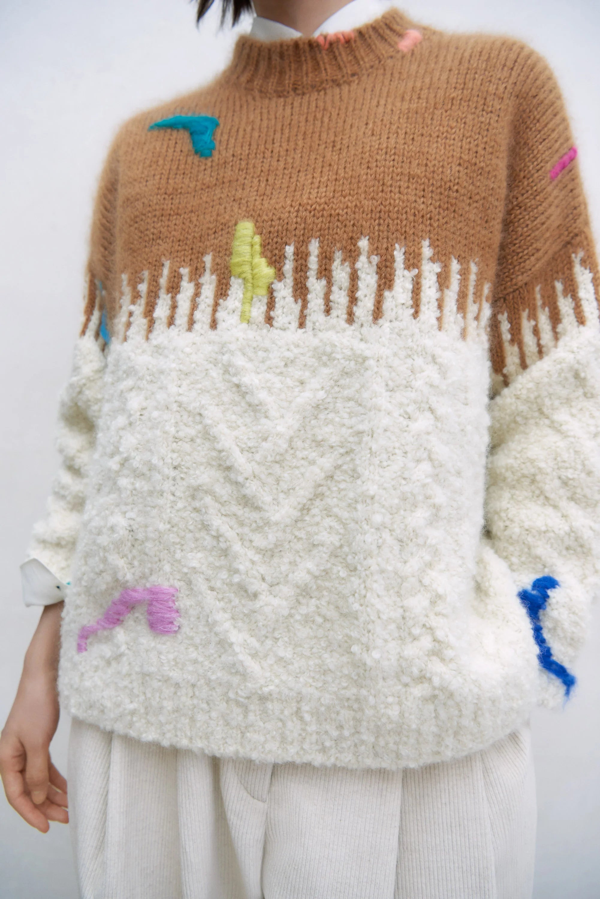 mohair embroidered sweater | cream and camel