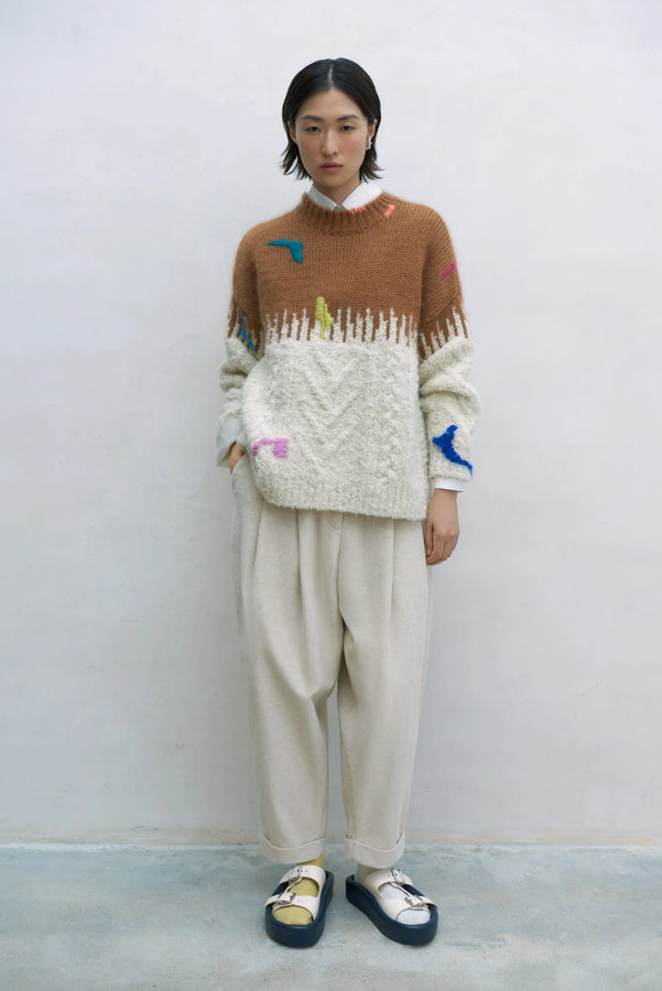 mohair embroidered sweater | cream and camel