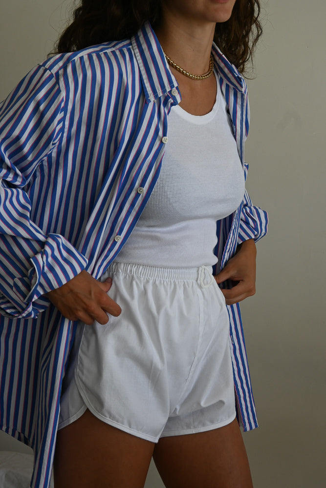 blue and pink striped button-up