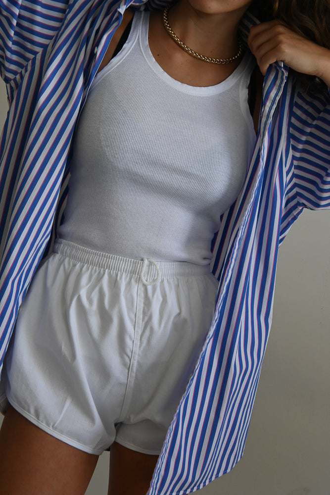 blue and pink striped button-up