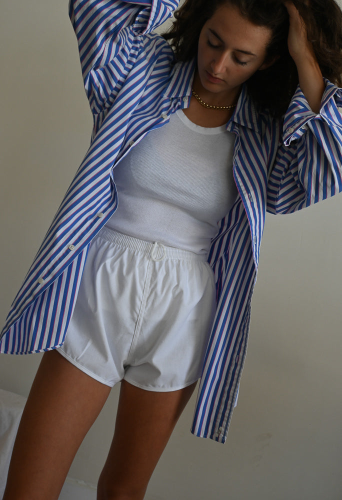blue and pink striped button-up