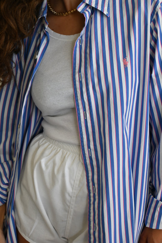 blue and pink striped button-up