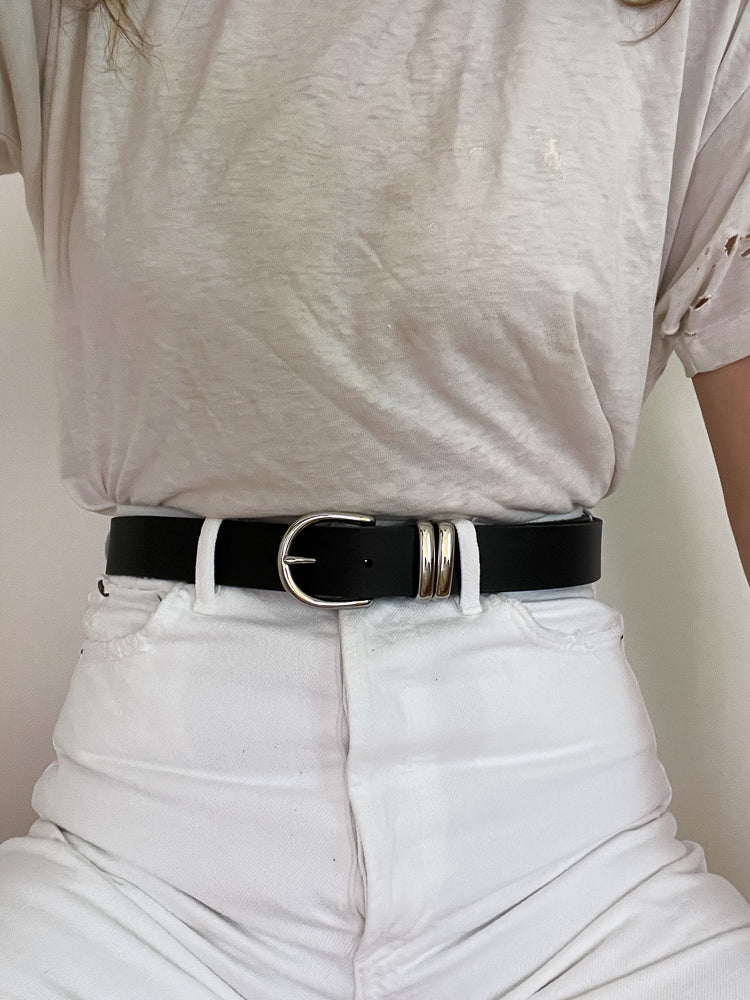 black leather belt - silver double loop