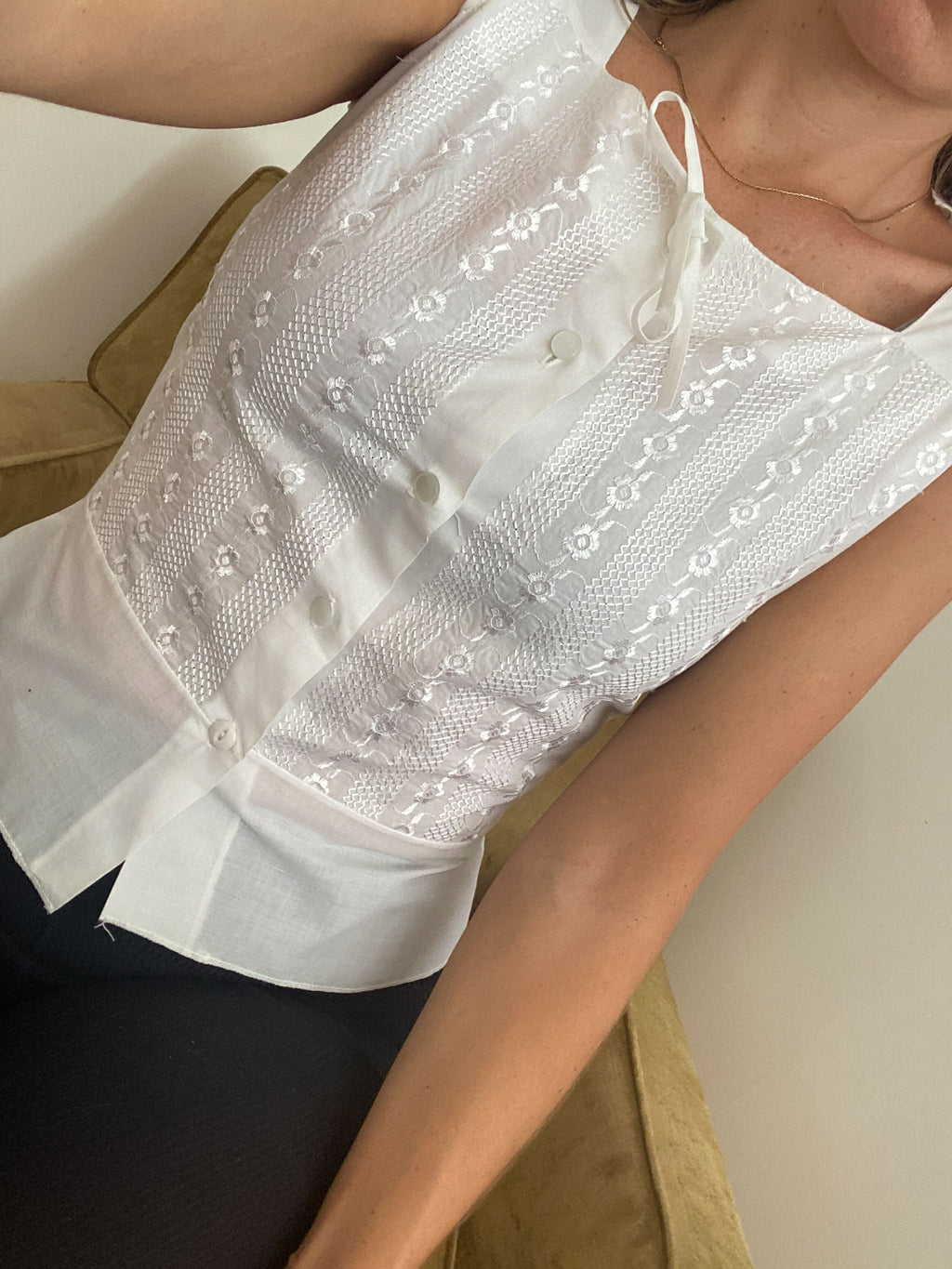 embroidered button front top