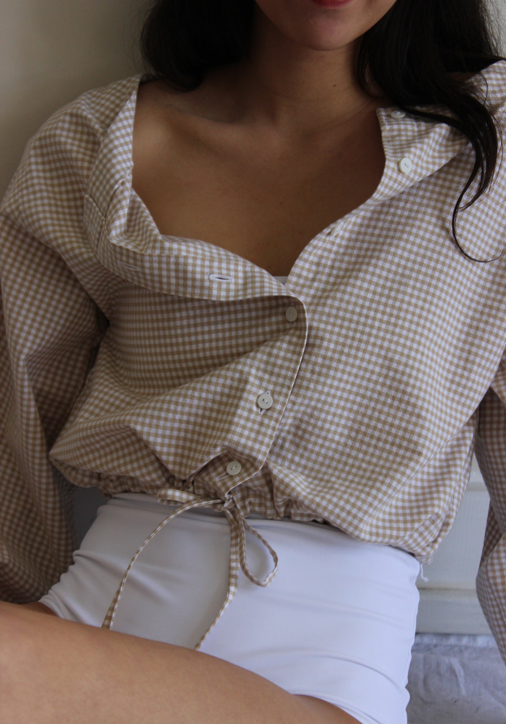 full sleeve drawstring blouse | tan gingham