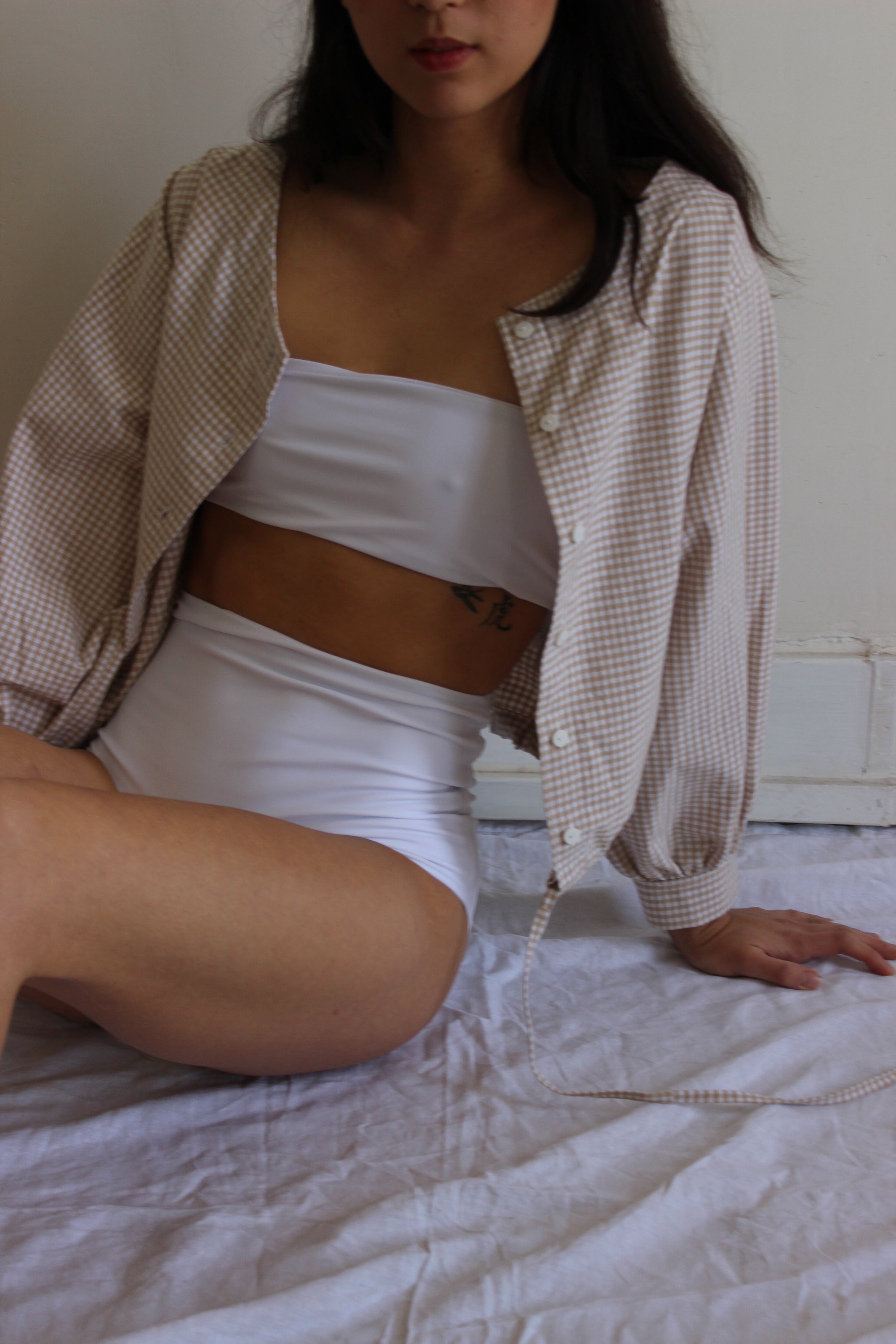 full sleeve drawstring blouse | tan gingham