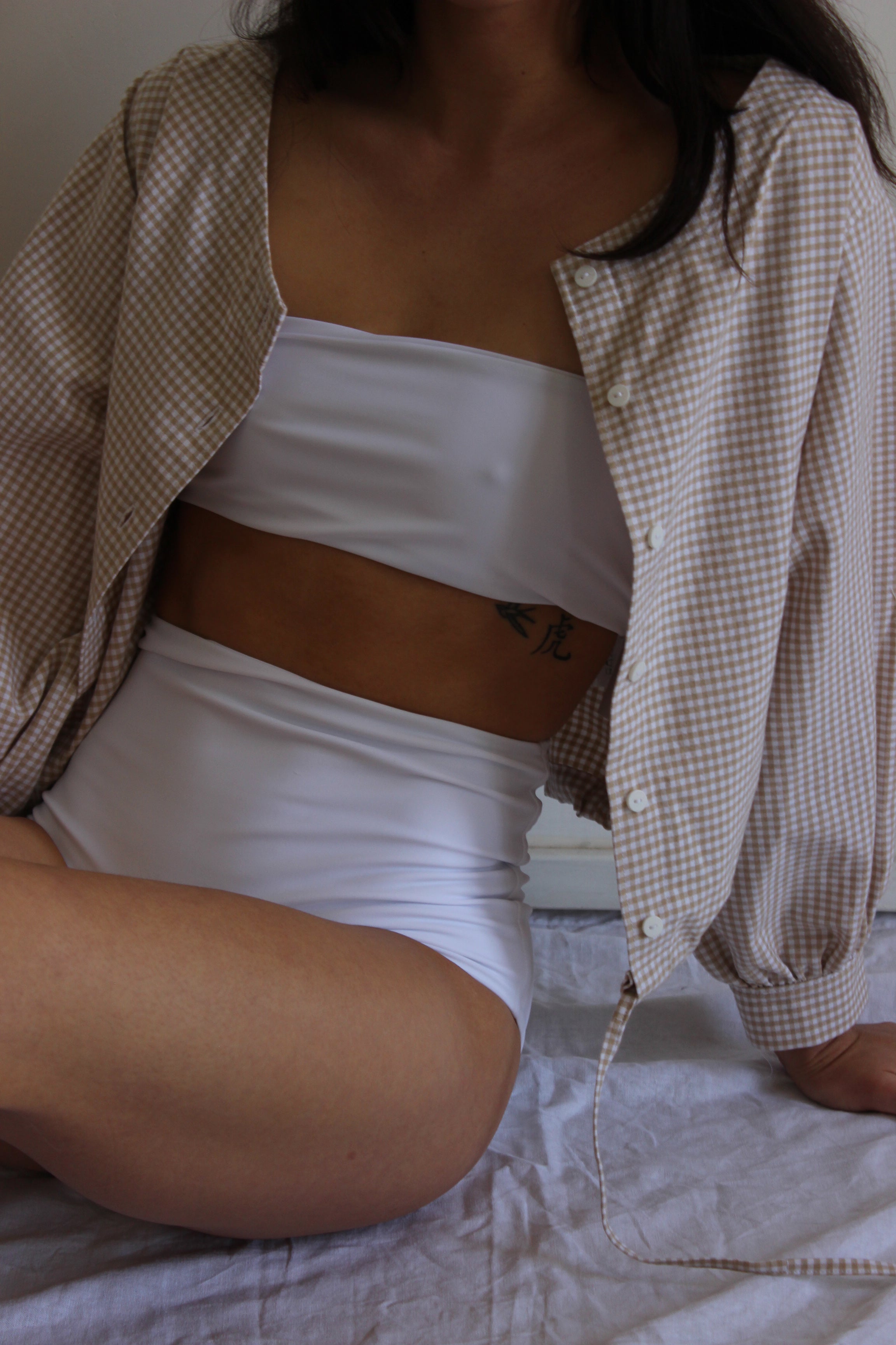 full sleeve drawstring blouse | tan gingham