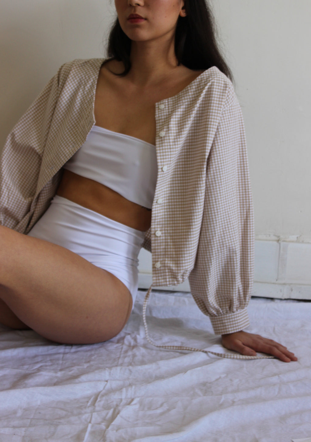 full sleeve drawstring blouse | tan gingham