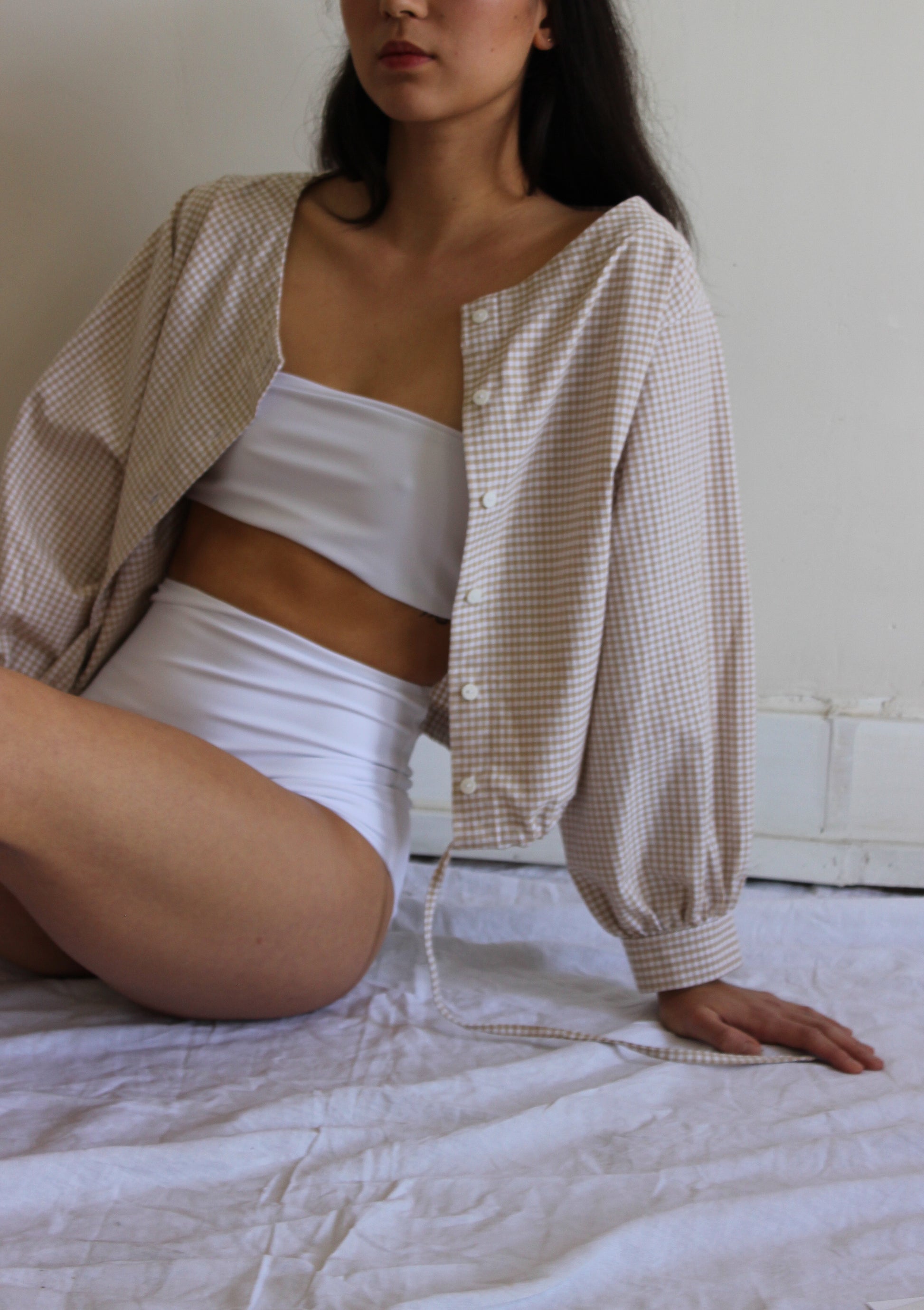full sleeve drawstring blouse | tan gingham