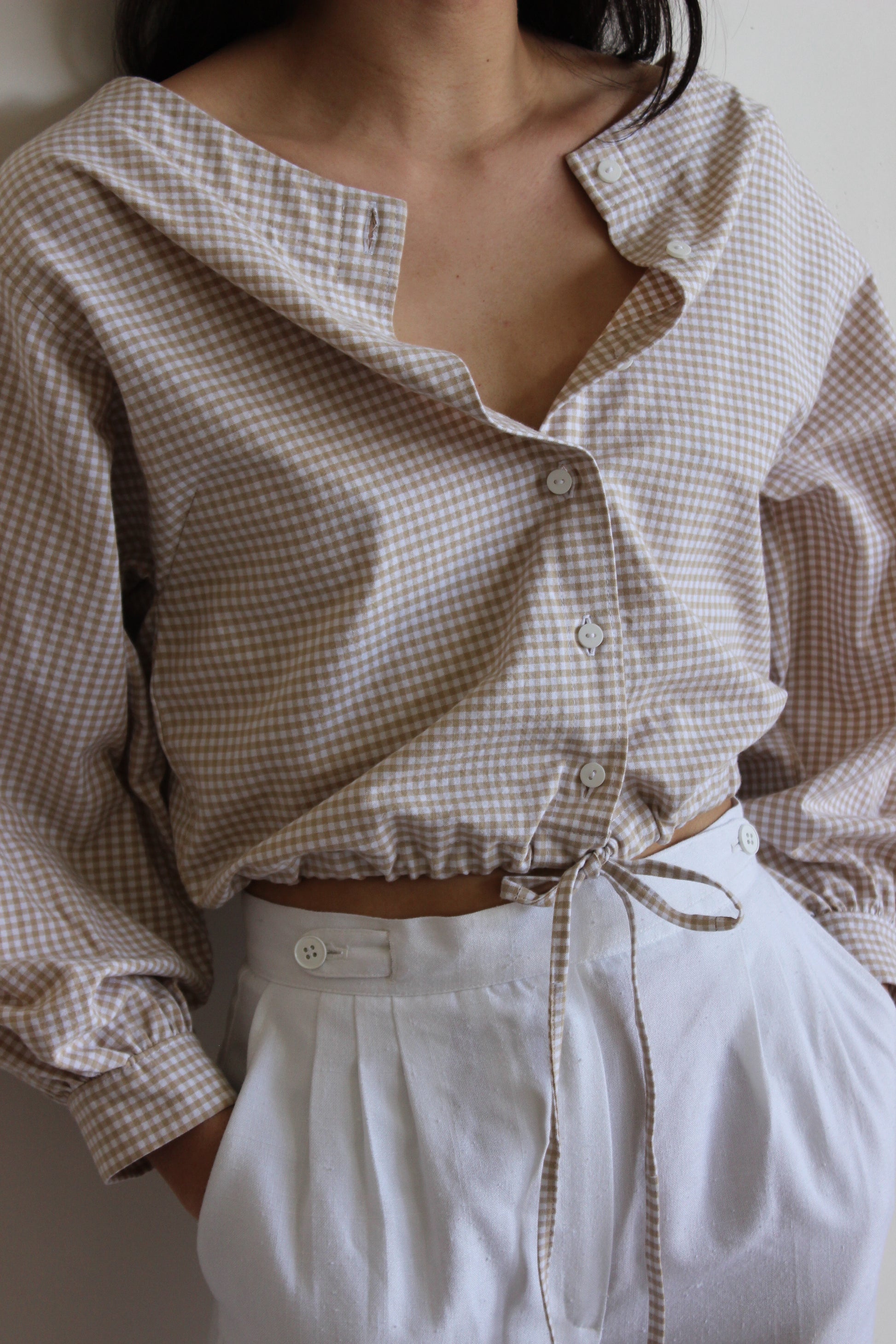 full sleeve drawstring blouse | tan gingham