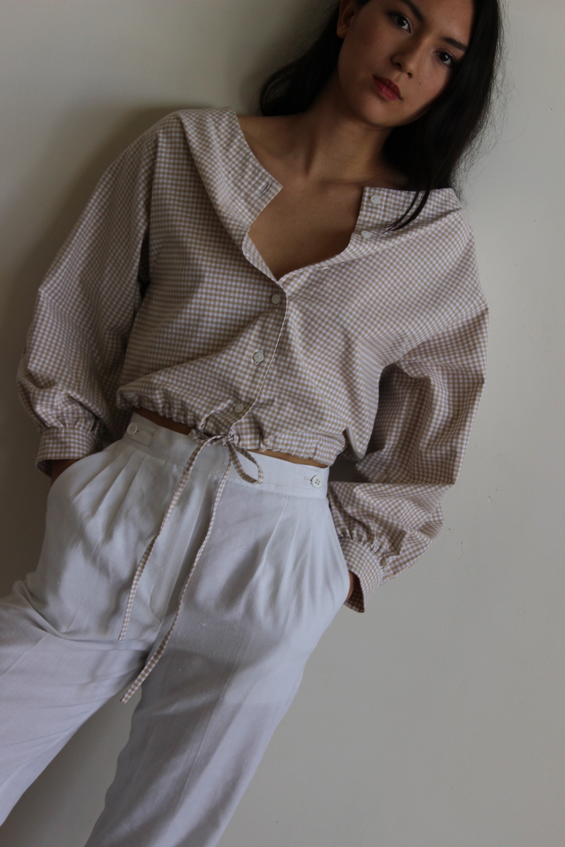 full sleeve drawstring blouse | tan gingham