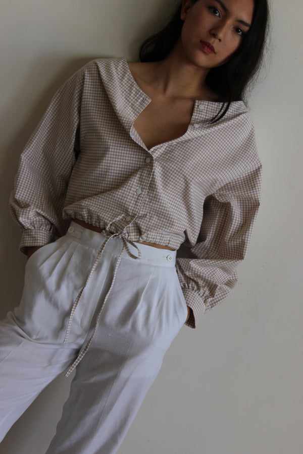 full sleeve drawstring blouse | tan gingham