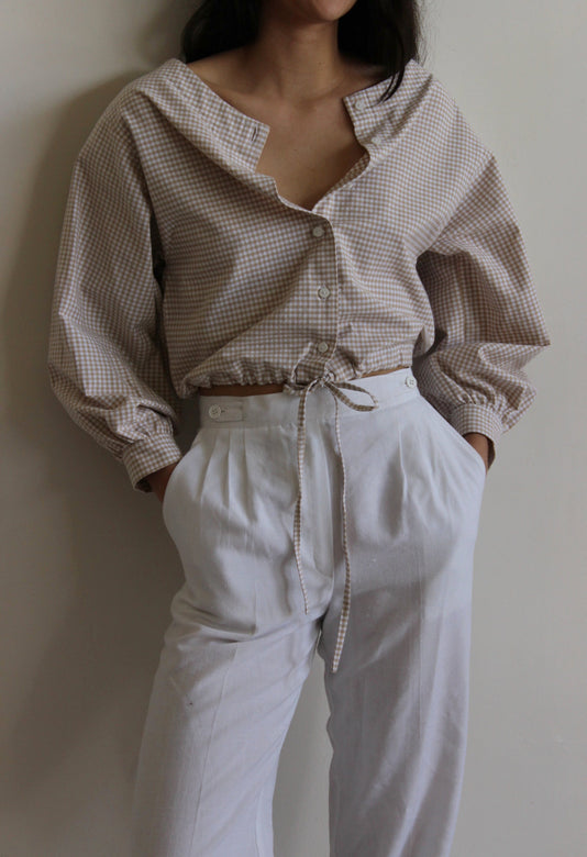 full sleeve drawstring blouse | tan gingham